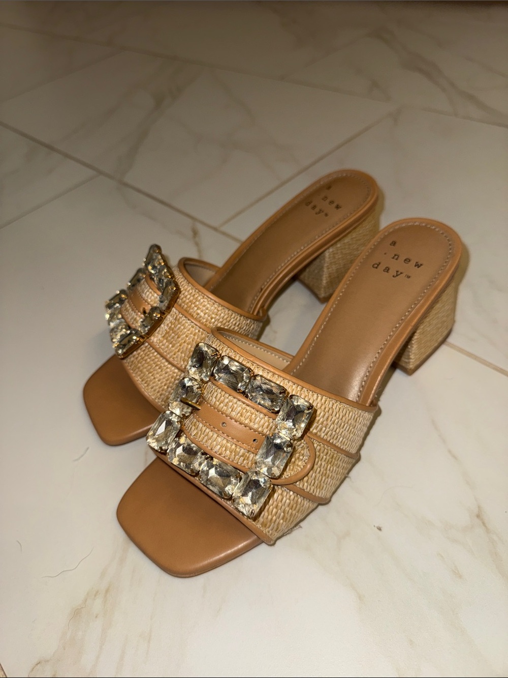 a new day Tan Raffia Block Heel Slide Sandals with Jewel Buckle